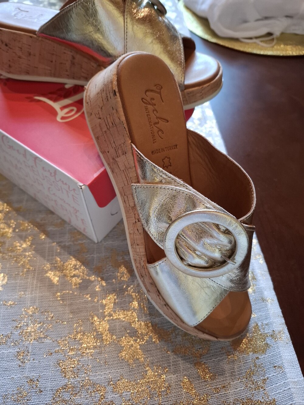 Tyche Metallic Gold Wedge Slide Sandal